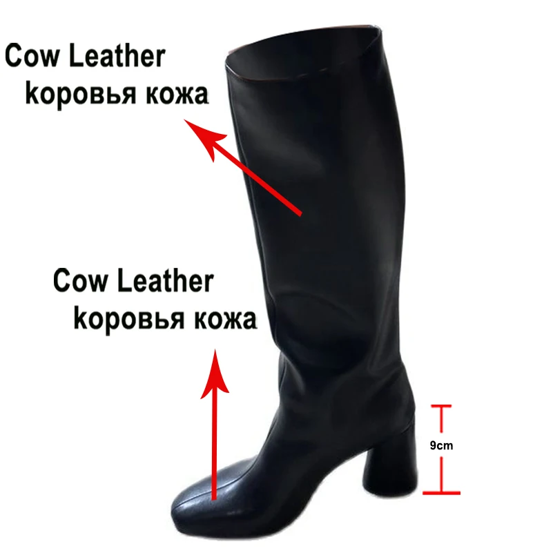 Meotina Women Genuine Leather Knee High Boots Square Toe Chunky High Heels Zipper Long Boots Lady Fashion Shoes Autumn Winter 43