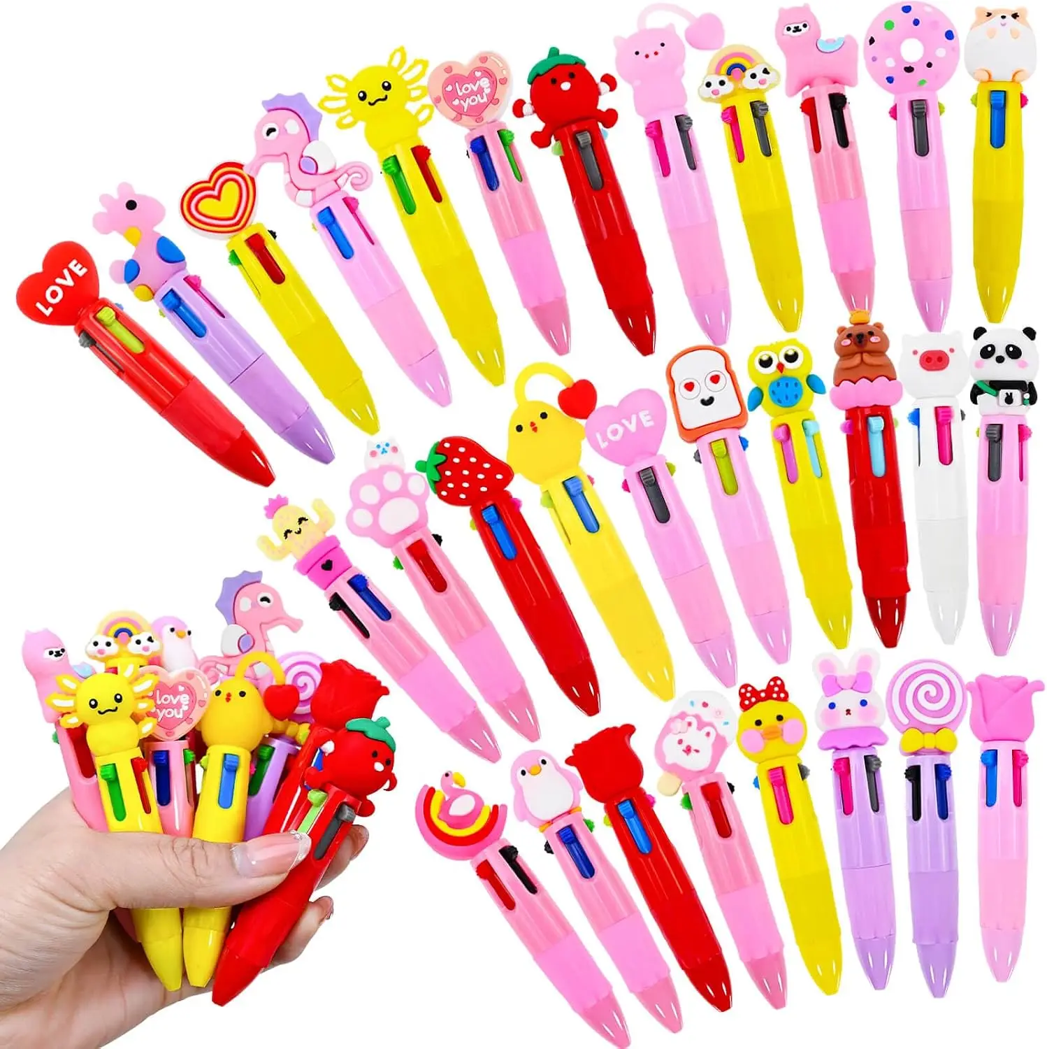 30 Pcs Valentine's Day Multicolor Pens Bulk 4 Colors in One Retractable 0.7mm Fun Animal Ballpoint Pens Valentines Stationery for Holiday Party Favors Office Supplies