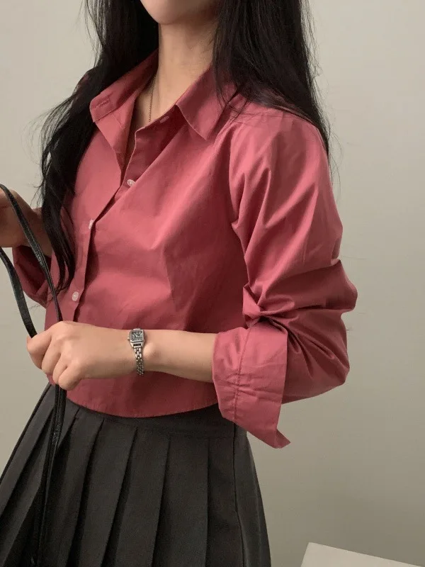 Korean Chic 2024 Spring and summer New style Basic Short Shirt Long Sleeve Backing Shirt Leisure Versatile Lapel collar DNJD