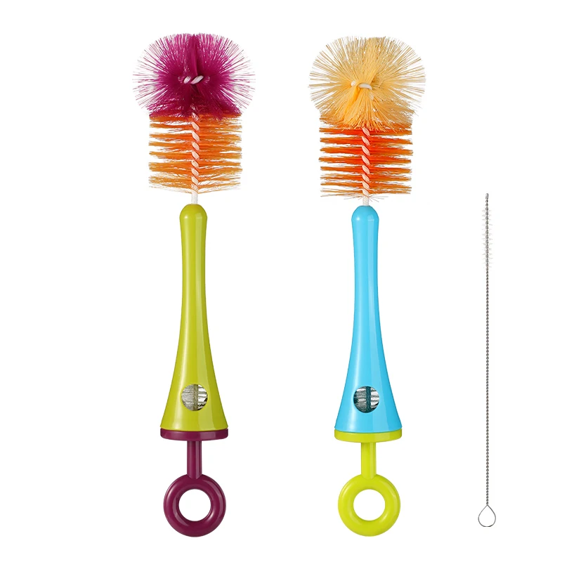 Juego de cepillos de limpieza de biberones de leche para alimentación de bebé de nailon colorido 3 en 1, cepillo para pezones con cepillo de paja