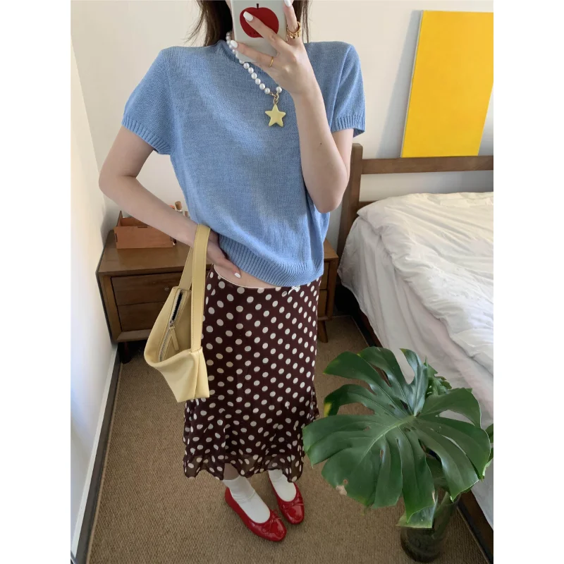 American Style Spotted Low Waist Lace  Bow Fish Tail  Skirt Women Summer New Pure Desire Midi Skirt Casual Style
