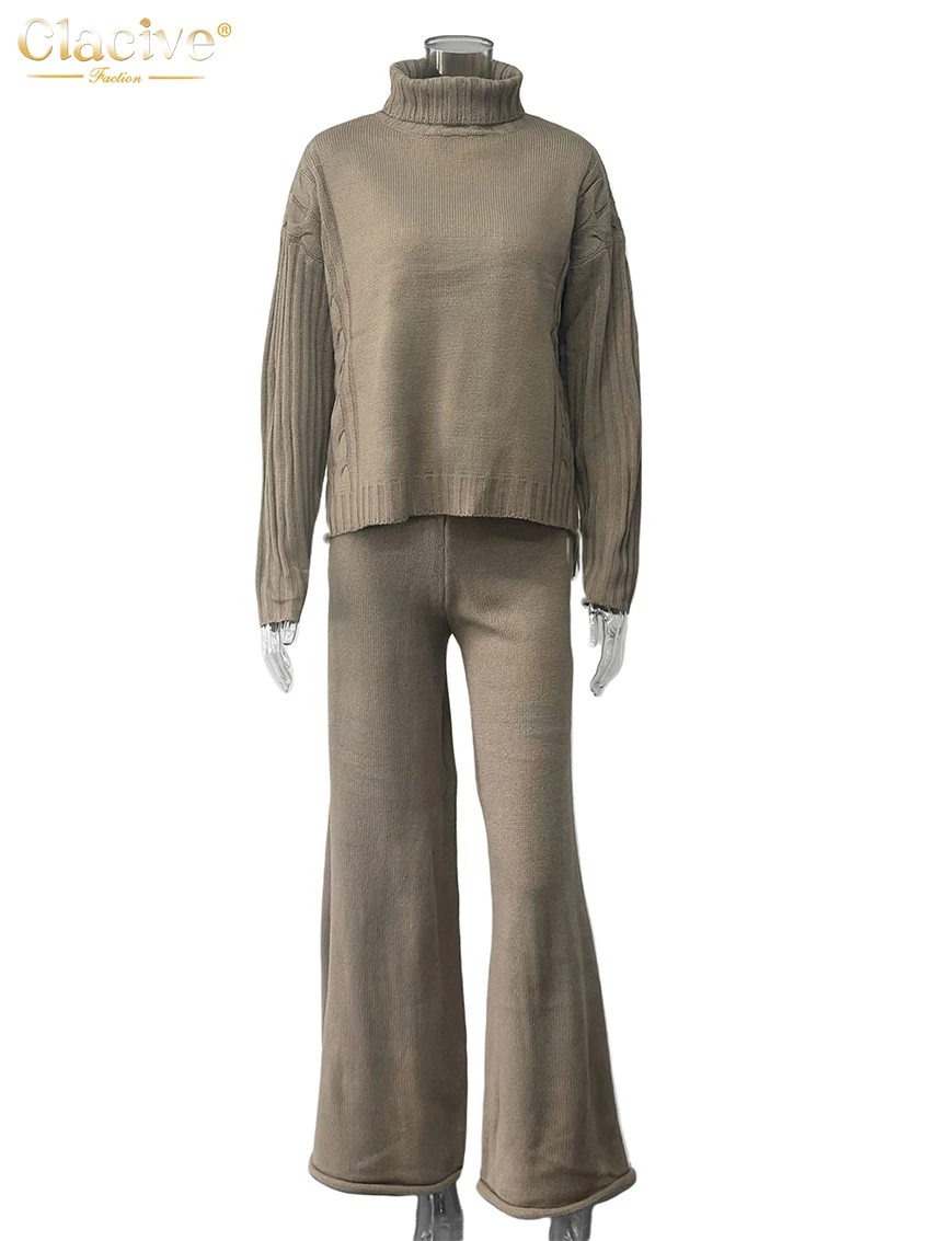 Clacive Winter Loose Khaki 2 Pieces Set Women 2025 Fashion Long Sleeve Sweater With High Waist Wide Pants Set Female Clothing
