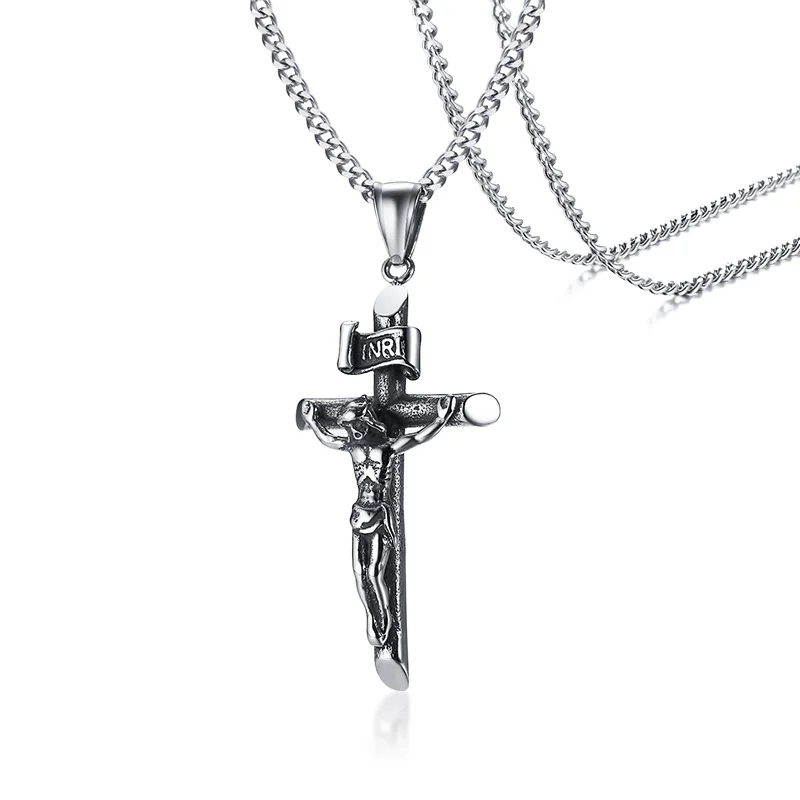 Collier Crucifix Vintage pour hommes, couleur argent ancien, chaîne italienne en acier inoxydable, breloque masculine, pendentif croix, bijoux