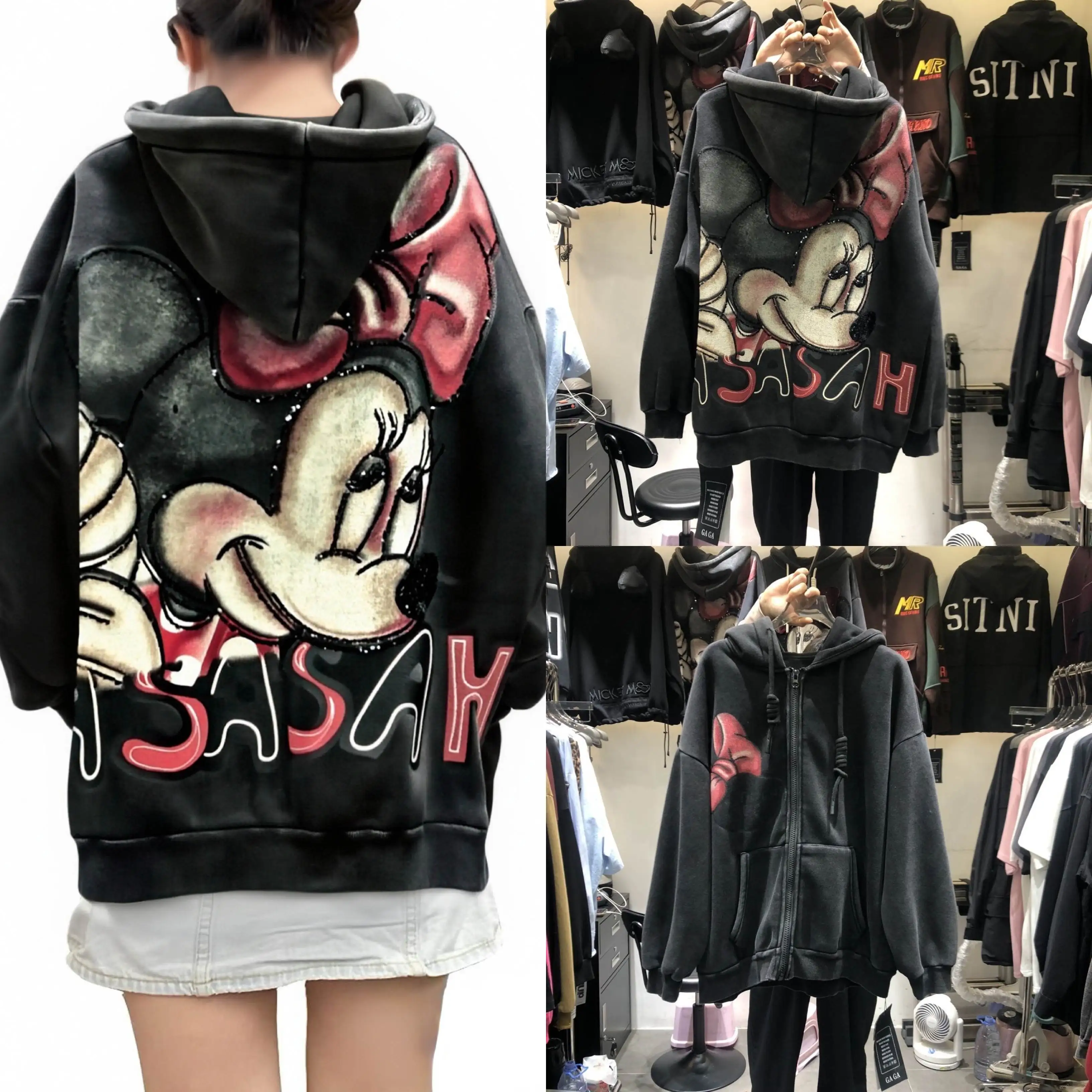 2025 الخريف/الشتاء الأوروبية والأمريكية العصرية العلامة التجارية الصناعة الثقيلة الكرتون الطباعة مع المخملية هوديي معطف هوديي دافئ