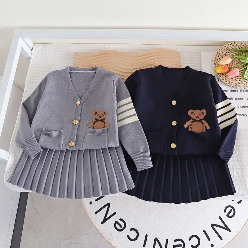 

Girls Knitted Clothes Sets Spring Autumn Children Woolen Sweaters Coats Skirts 2pcs Tracksuits For Baby Girl 5 Years Kids Outfit