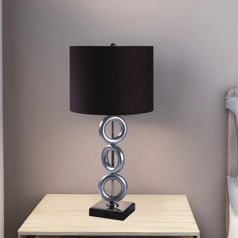 Stunning Silver 3-Ring Table Lamp Pair with Outlet Multifunctional Home Lighting Fixture