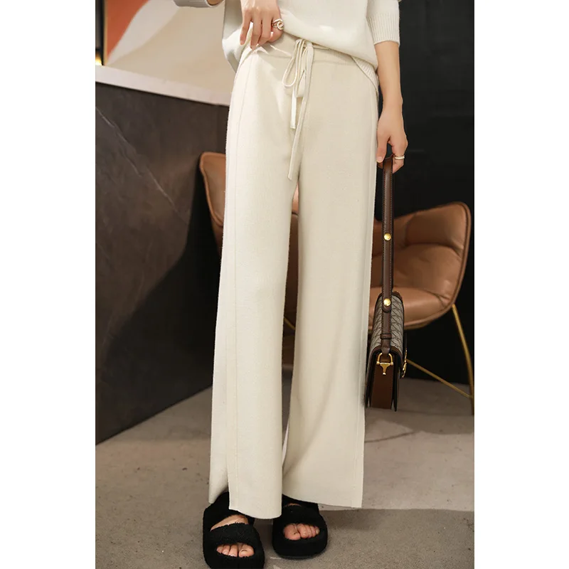 LDZWSM High-waisted Straight-leg Knitted Wool Bell Bottoms Side Slit For Autumn Draped Waist Trousers