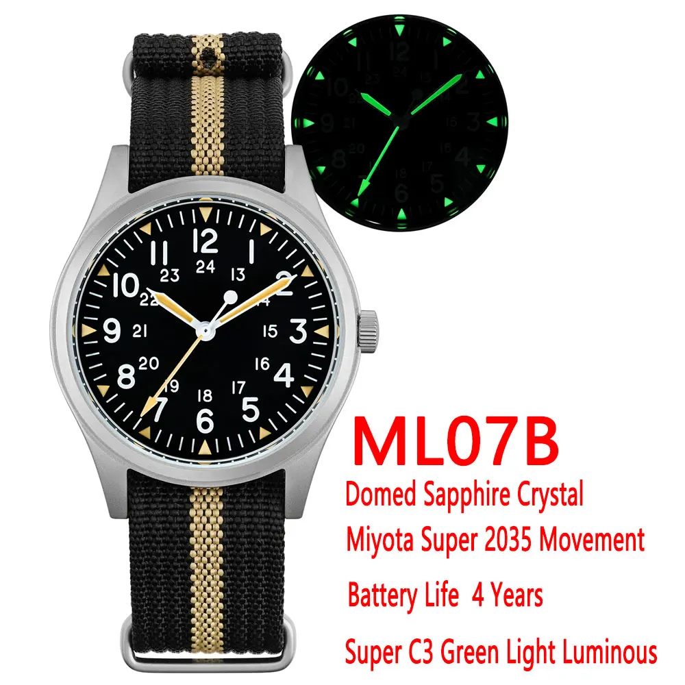 Militado ML07B 36 mm quartz horloge Miyota Super 2035 uurwerk horloges koepelvormig saffierkristal lichtgevende waterdichte horloges