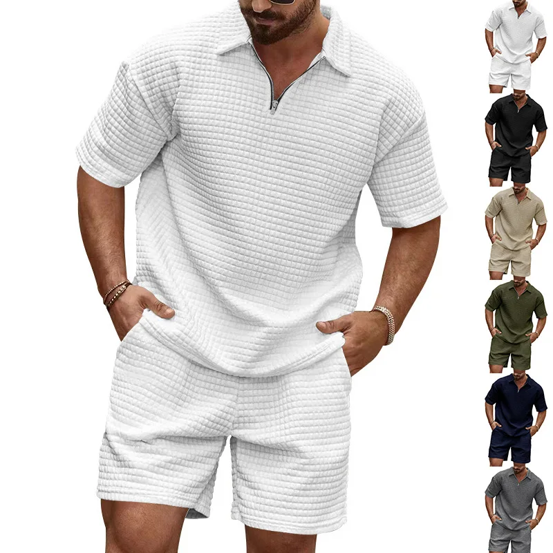 

2026 Matching Set Summer Spring Men's Casual Trendy Comfortable Waffle Knit Solid Color Polo Shirt & Tracksuit Set