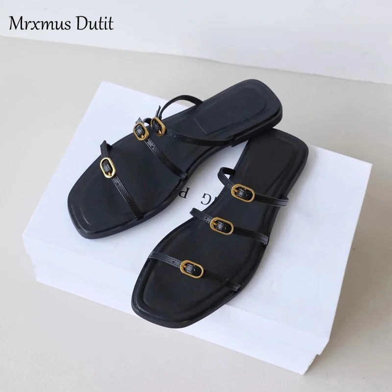 Mrxmus Dutit 2024 New Summer Fashion Genuine Leather Metal Button Flat Slippers Women Sandals Casual Simple Beach Shoes Female