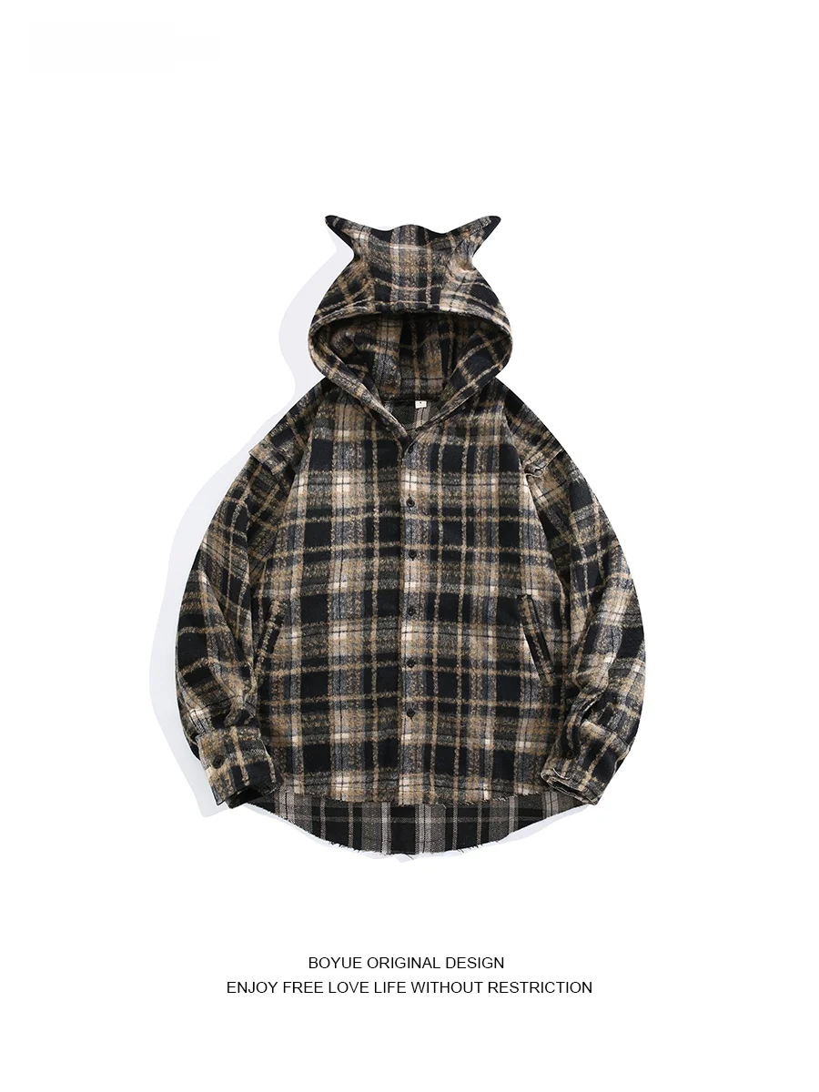 

Мужская тонкая верхняя одежда Boyue в клетку с капюшоном, свободный крой, длинный рукав, осенний уличный стиль, молодежный дизайн