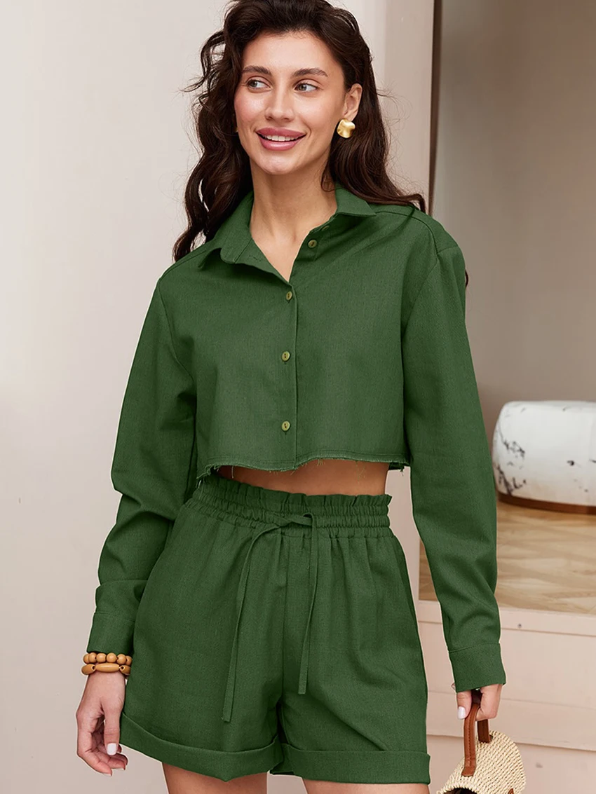 

Marthaqiqi Casual Women Pajama Suit Crop Top Nightie Long Sleeve Nightwear Turn-Down Collar Nightgown Shorts Femme Sleepwear Set
