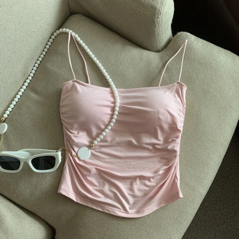 Women's Sleeveless Tops Tank Underwear Fitted Camisole Sexy Short Top With Thin Straps Plain White Tank Top Korean Style image 4