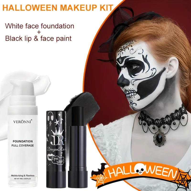 Set cosplay di Halloween con fondotinta liquido bianco e rossetto nero, adatto per adulti, finitura opaca, lunga durata per tutti i tipi di pelle