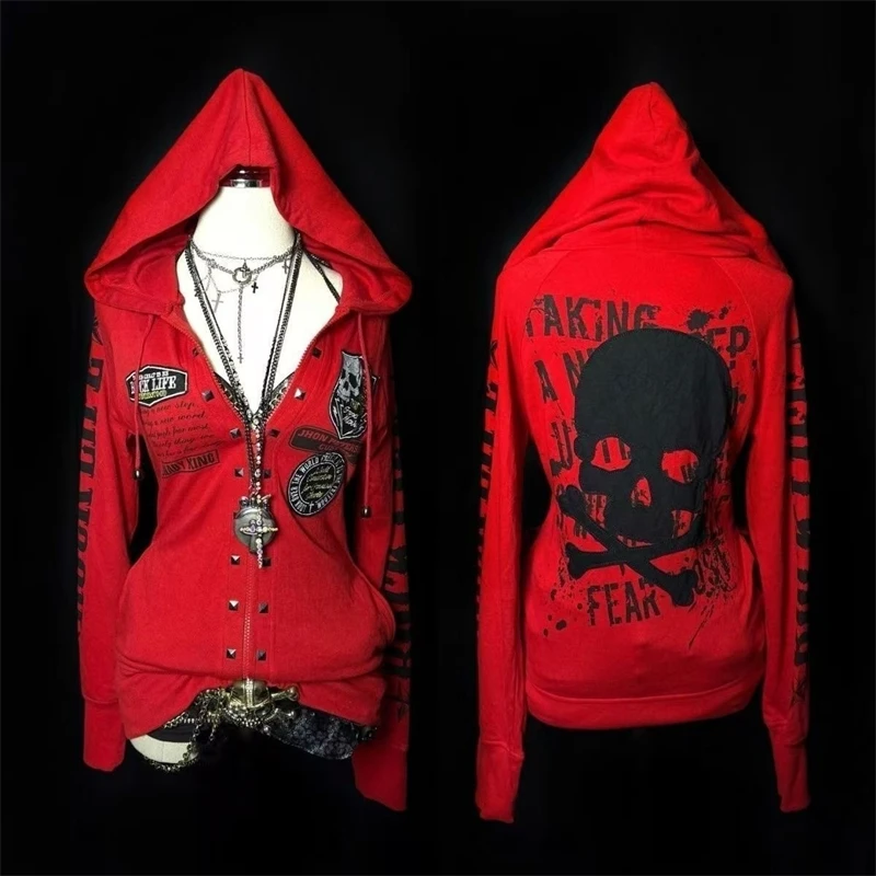 

Y2K Punk Long Sleeve Skeleton Letter Hoodie Cardigan Coat For Women & Teens, Harajuku Dark Streetwear For Fall Halloween Party