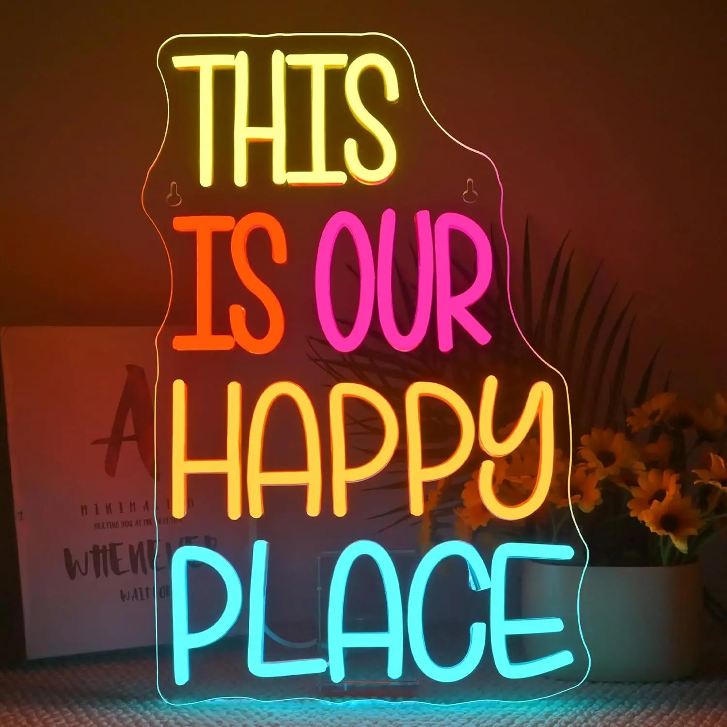 Neonschild „This is Our Happy Place“, USB, dimmbar, LED-Neonlicht für Fitnessstudio, Klassenzimmer, Schlafzimmer, Spielplatz, Bar, Party, Heimdekoration, Geschenk