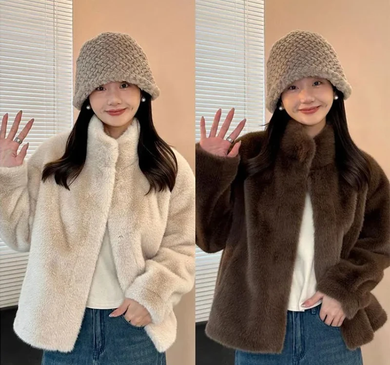 معطف فرو نسائي من ort Thiened بياقة واقفة من الجلد والفرو الكامل شتوي دافئ كاجوال #6