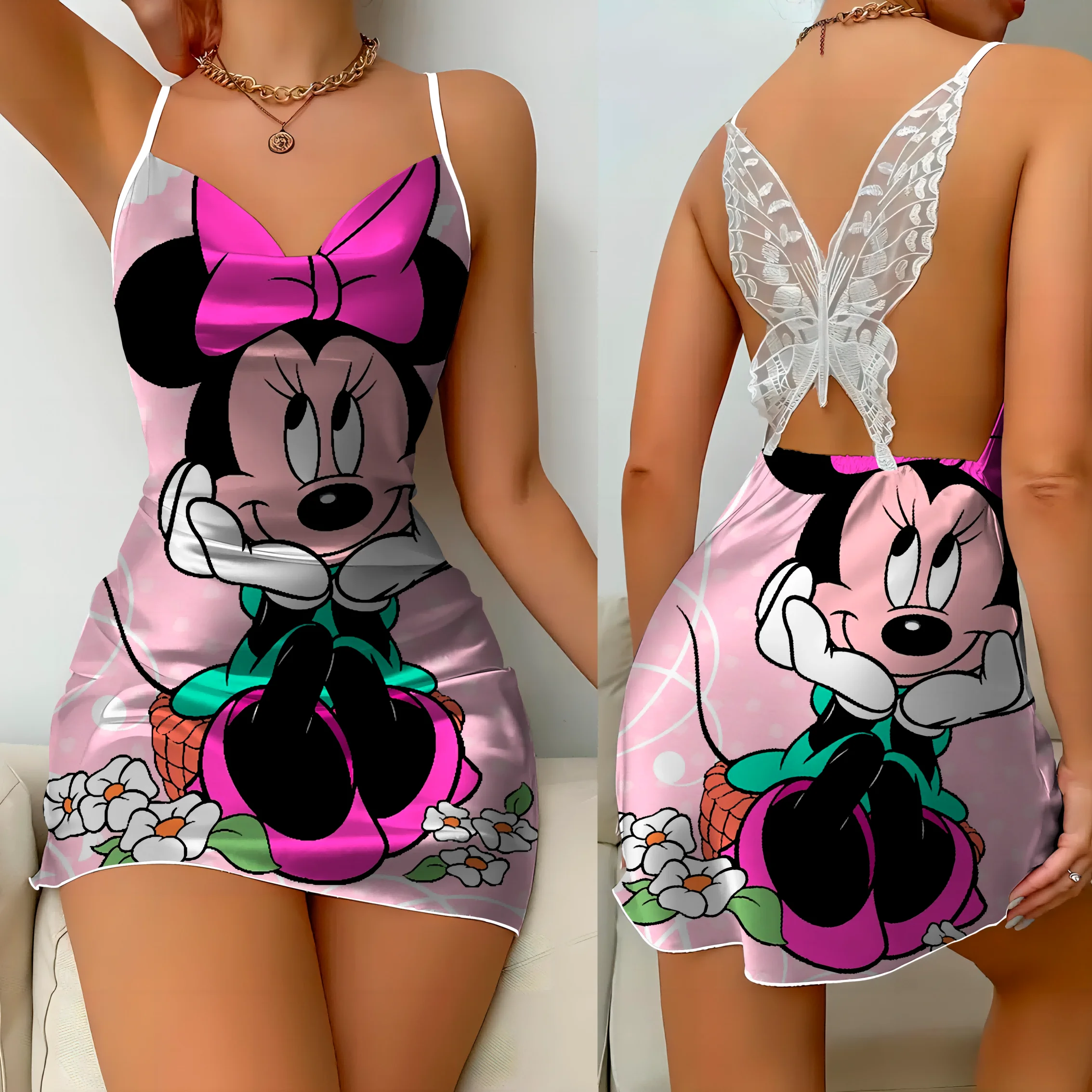 Saia de pijama Disney Minnie Mouse feminina, vestido elegante Mickey, vestido de renda de superfície cetim, nó laço, moda verão, 2024