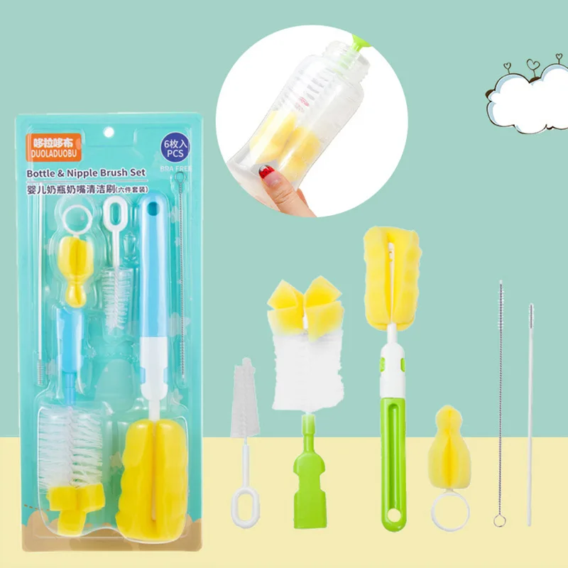 

Bottle Brush Cup Cleaner Sponge Brush Six-piece Set 360° Long Handle Bottle Cleaning Brush Set Baby Nipple Brushes Straw Brushes