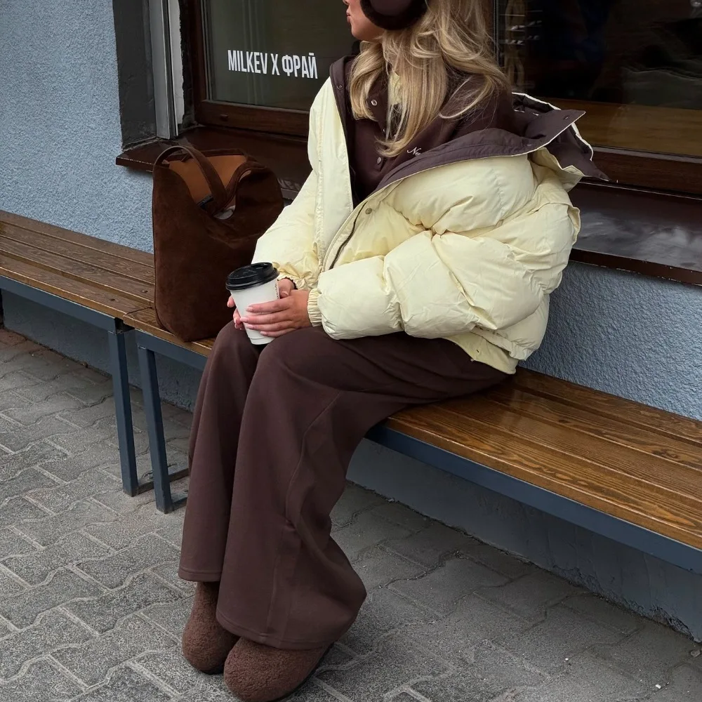 Chaqueta de algodón con pan de Color contrastante para mujer, chaqueta cálida con capucha para uso diario, para oficina, senderismo al aire libre, otoño e invierno