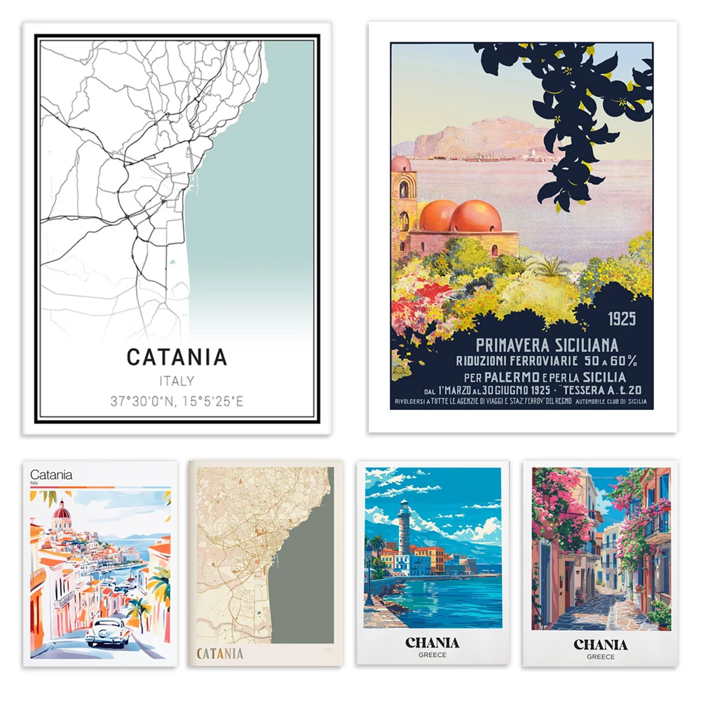 Catania, Itália, Sicília, Catalunha, Chania, Ilustração Creta, Mapa Catania, pôster de viagem vintage, decoração mediterrânea