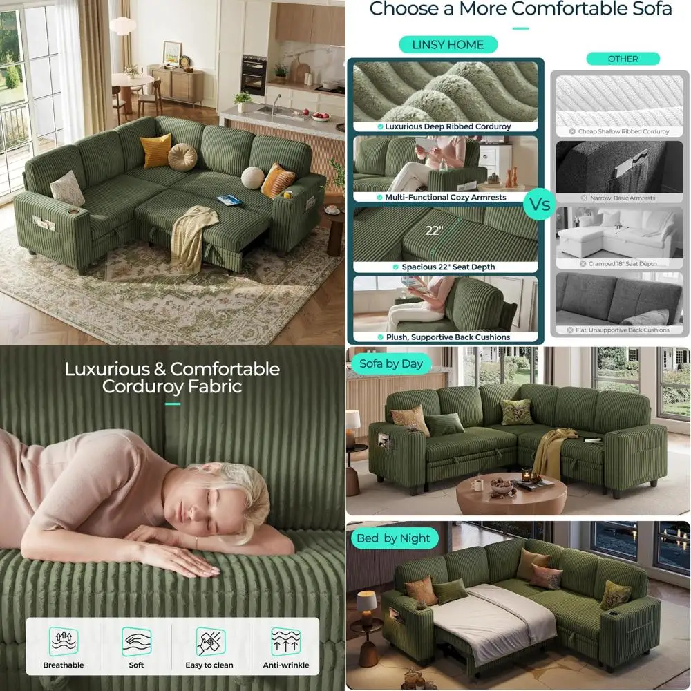 

convertible plush corduroy sectional sleeper sofa with pull-out bed, storage chaise, and usb charging port