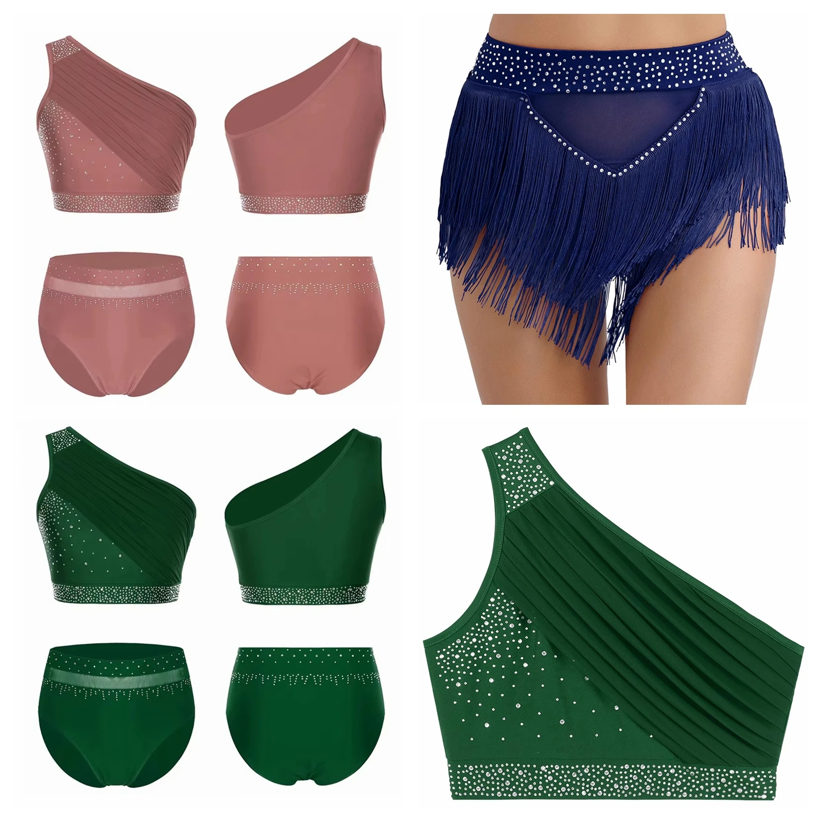 

Women's Figure Skating Outfits Latin Lyrical Dance Costume Dancewear One Shoulder Mesh Crop Top with Briefs Gymnastics Suits