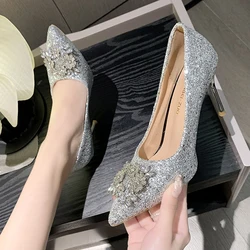 Lucyever 2024 Bling Silver paillettes pompe per le donne strass Party Wedding tacchi alti scarpe donna scarpe a punta décolleté con tacco sottile