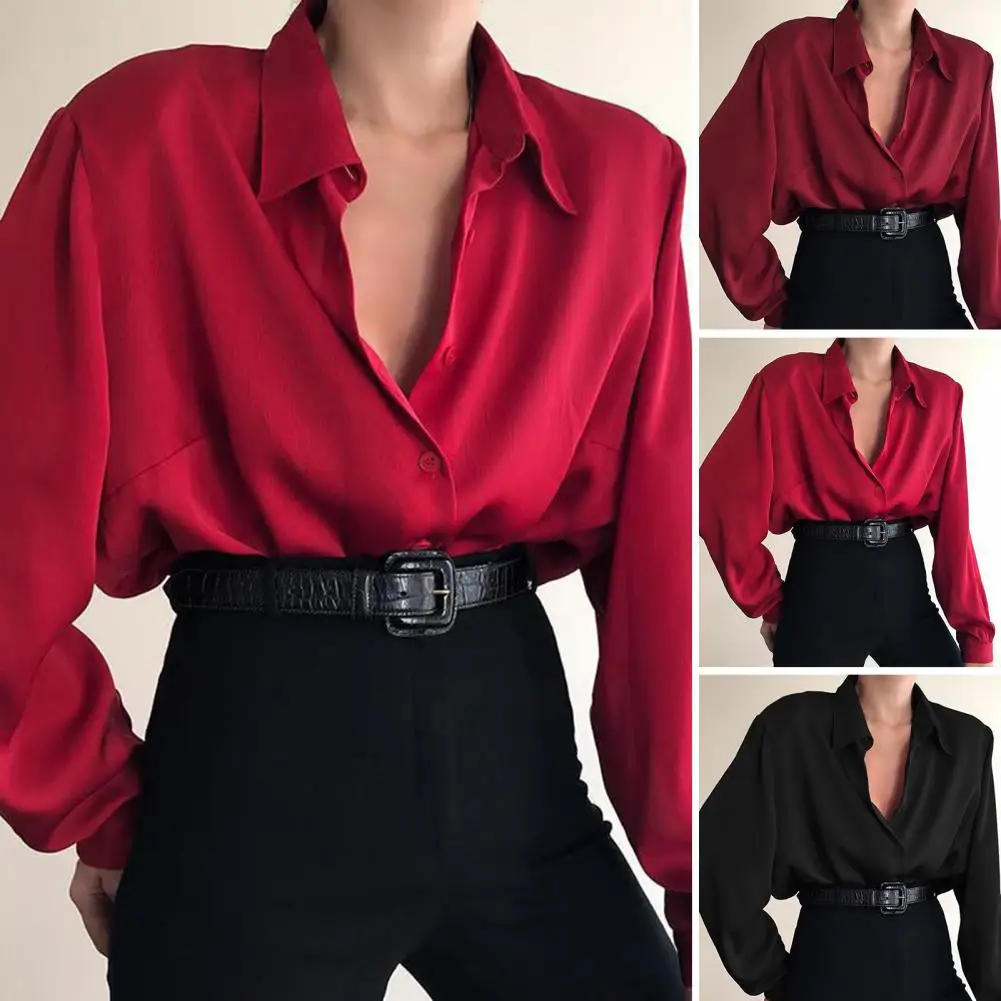 

Women Button Blouses Turn Down Collar Shirts Office Lady Long Sleeve Casual Blouse Loose OL Shirt Baggy Tops Red/Wine Red /Black