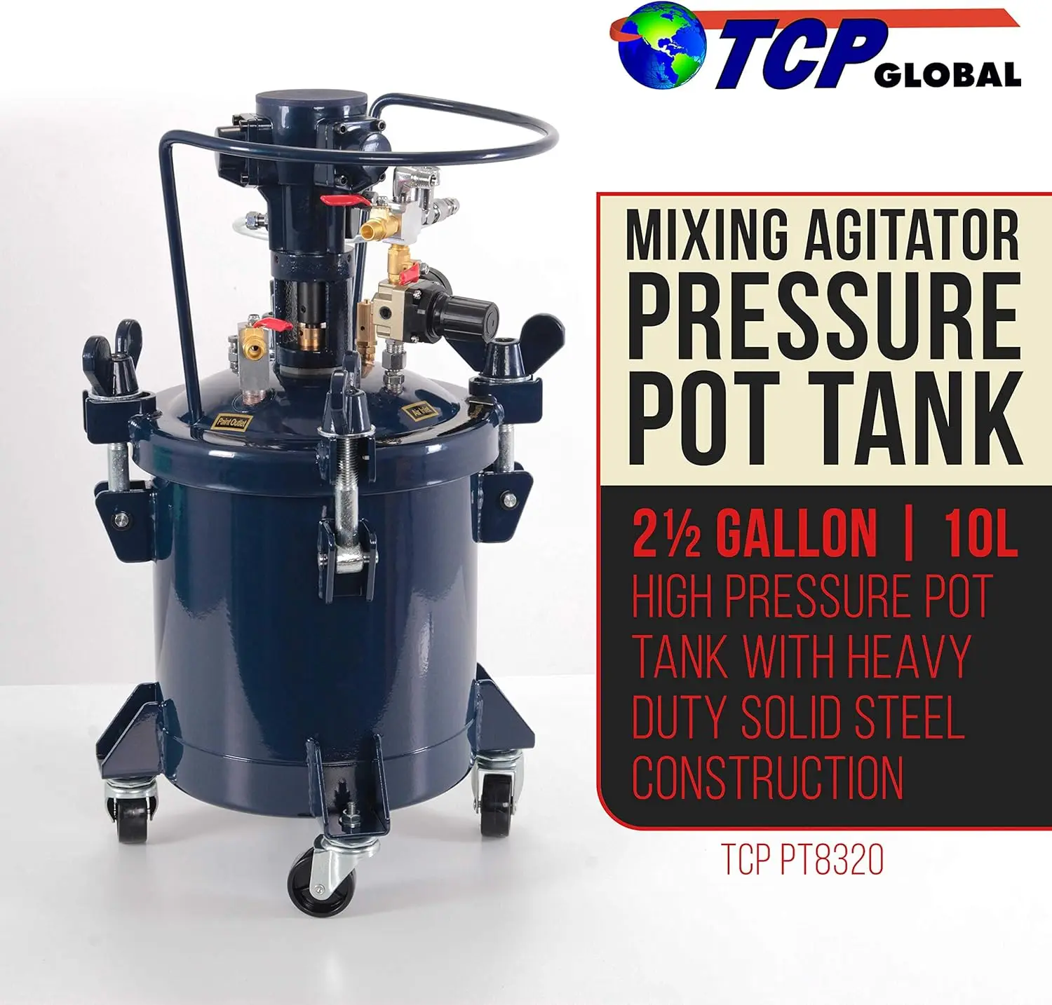 TCP Global 2-1/2 Gallon - 10 Liter Pressure Pot Paint Tank: Heavy Duty Solid Steel Clamp on Lid with Air-Powered Mixing Agitator