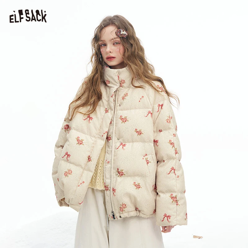 ELFSACK 2025 Winter Nieuwkomers Y2K Zoete Leuke Effen Rose Bow Grafische Hoodless Half Hoge Stand Kraag Korte Donsjack voor Wom