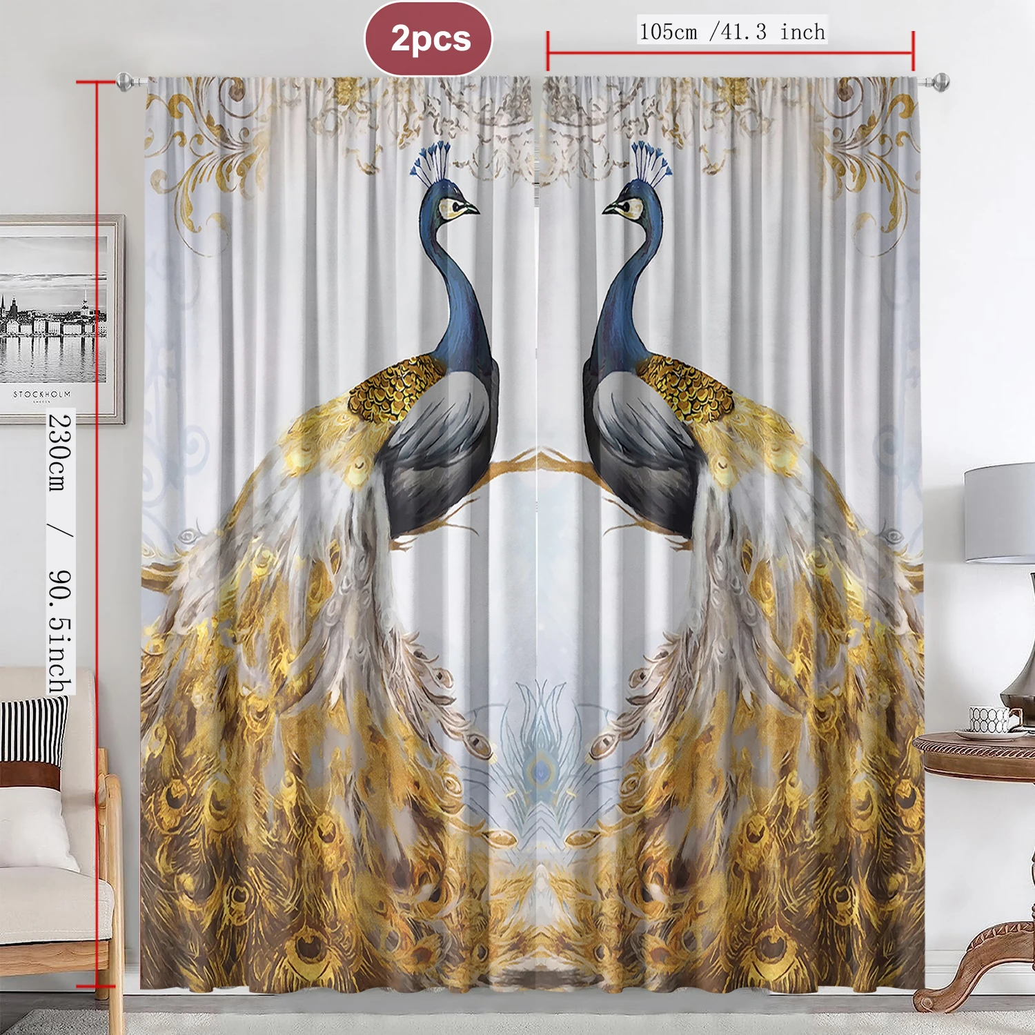 2PC Home Decoration Curtains, Blue And Yellow Peacock With Rod Pocket Curtains, Kitchen, Coffee Shop, Living Room, Balcony