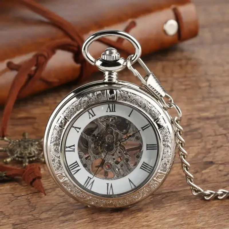 Vintage Hand Winding Mechanical Pocket Watch for Men Women Pendant Chain Half Hunter Roman Numerals Display Skeleton Clock