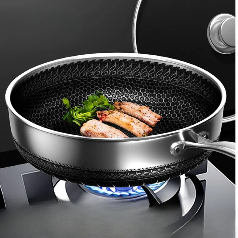 Sartén profunda de acero inoxidable 316, sartén para bistec de 8 cm de altura, menos humo de aceite, sartén antiadherente, sartén integrada de 32 cm