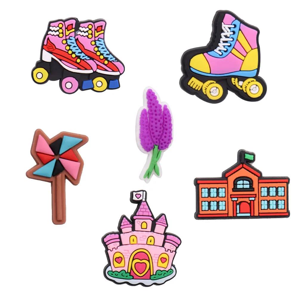 1PCS PVC Cartoon Shoe Charms Fit Wristbands Castle House Windmill Skate Shoes Lavender Buckle Clogs Pins Sandals Decoration