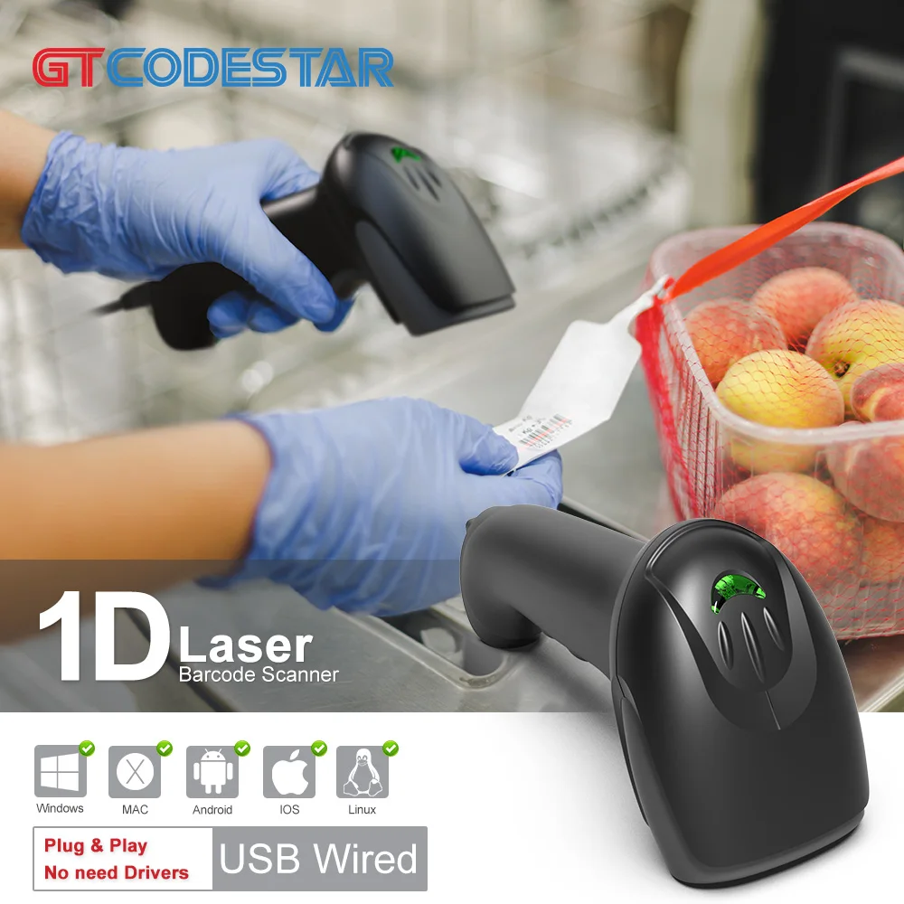 GTCODESTAR 32 Bit Wired Barcode Scanner Laser Barcode Reader 1D Handheld Bar Code Scanner