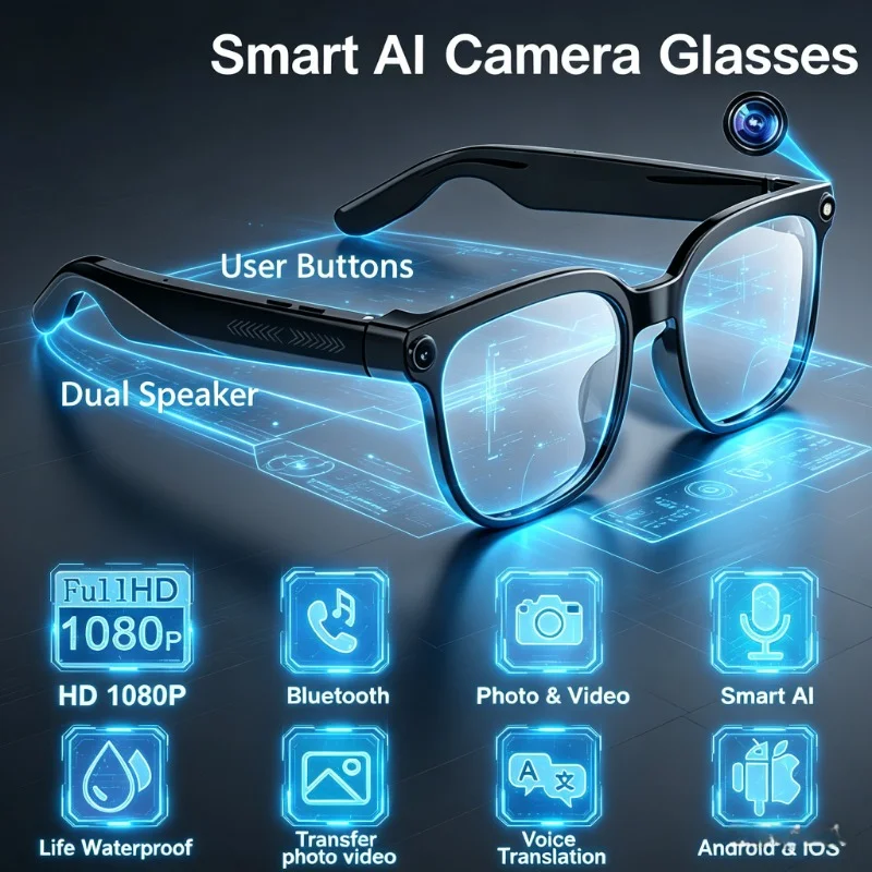 

8K HD Photochromic Smart Glasses Bluetooth Call AI Voice Assistant Translation Camera Music Glasses HOT