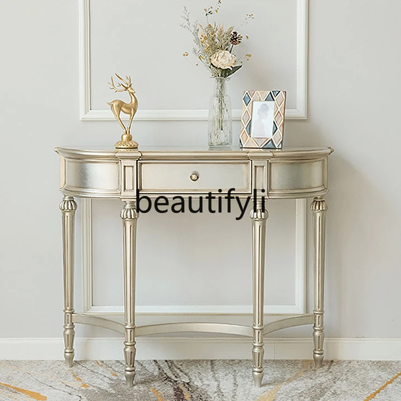 American light luxury semi-round entrance cabinet, high sense, solid wood entrance table, French retro entrance table