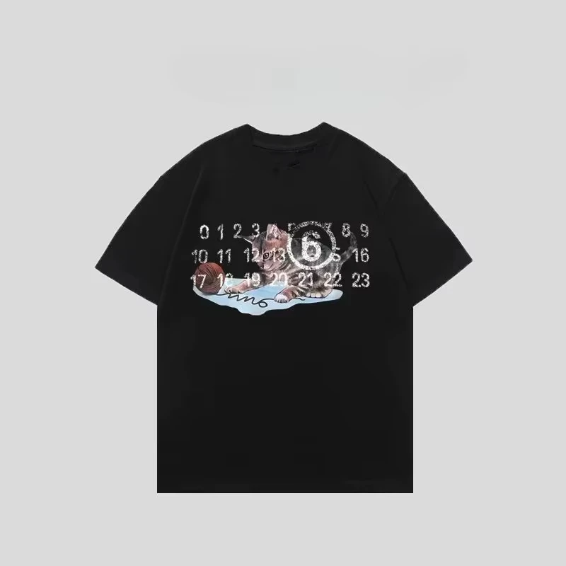 2026Autumn_Winter New Trendy Kitten Calendar Print T-shirt Loose and Sporty Short-sleeved Men's Oversized T Shirt