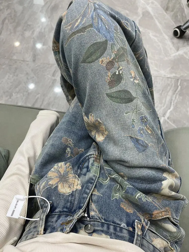 Vintage Floral Printed Jeans For Women Spring Autumn Casual Loose Straight Denim Pants Full Length Trousers Street wear