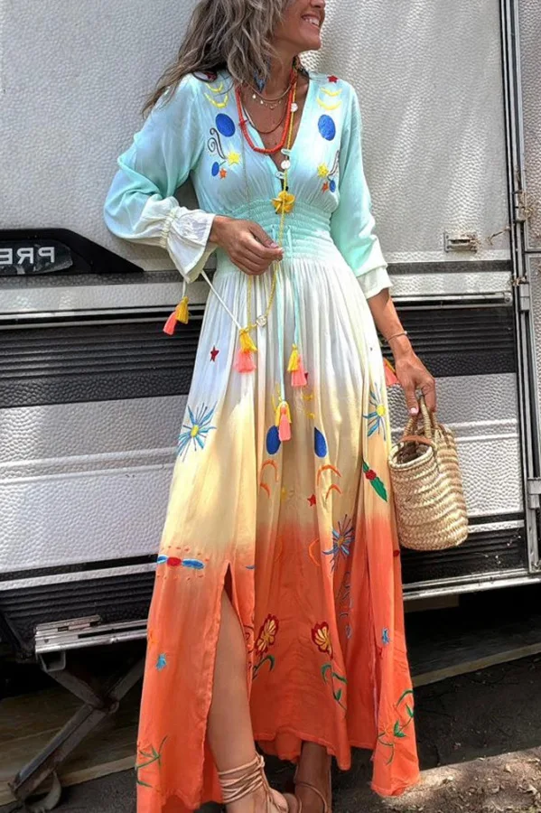 

Temperament Flower Print Evening Dress Women Flared Sleeve Package Hip Slim Banquet Party Long Dresses Temperament Female Outfit