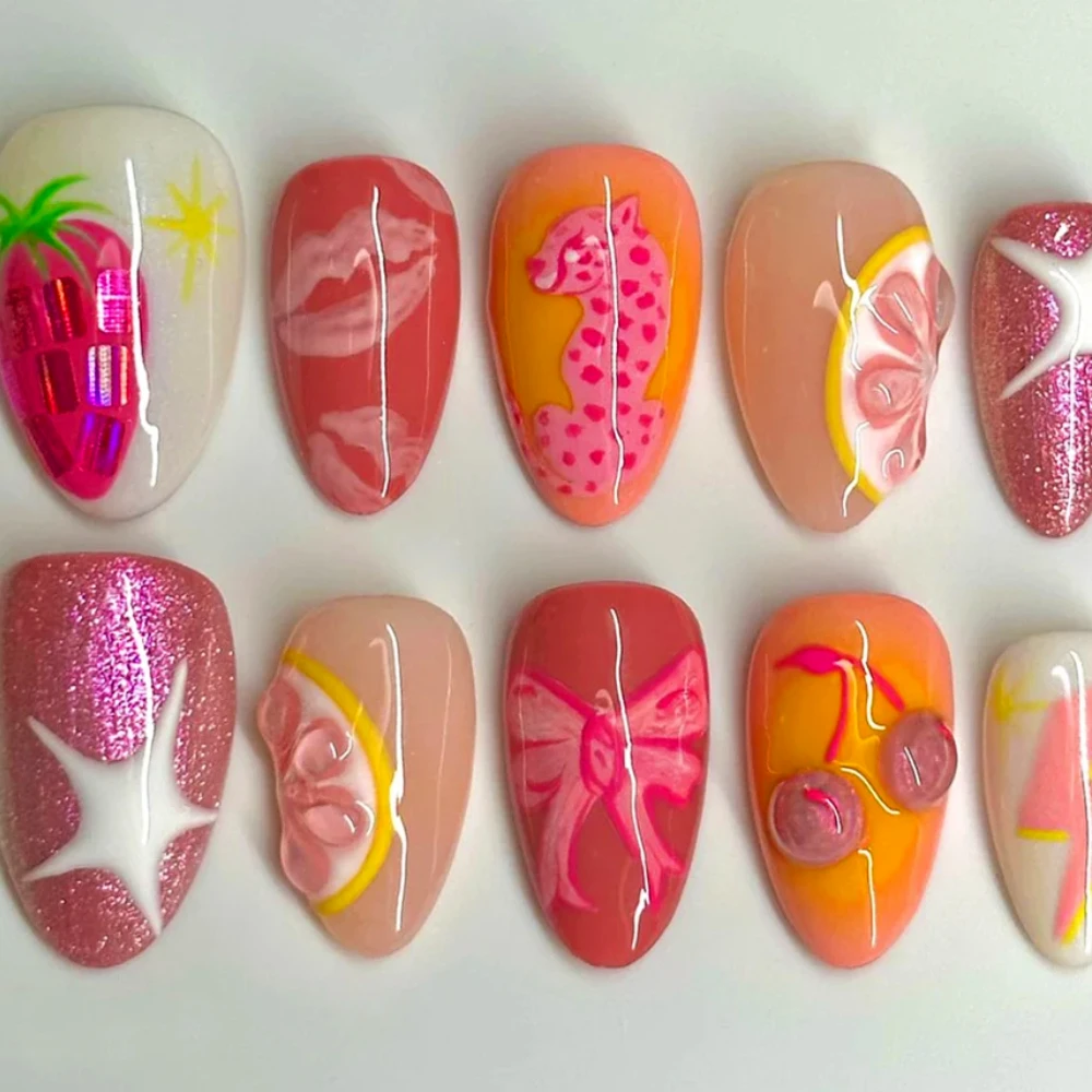 

New Acrylic False Nails 10Pcs Painting Fruits Design Luxury Handmade Press On Nails Medium Almond ABS Artificial Nails with Set