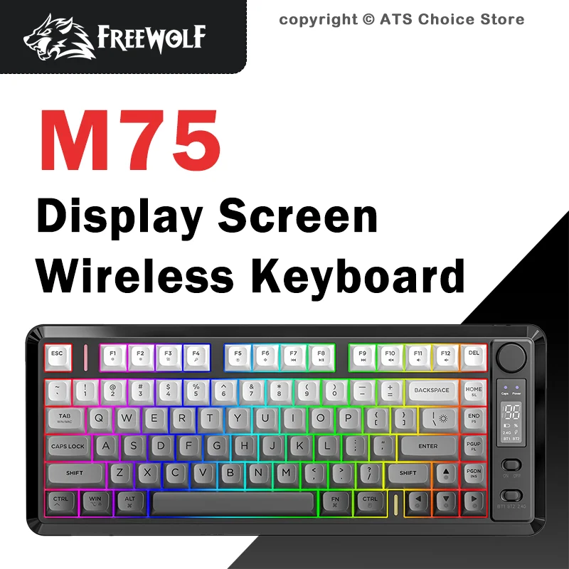 

Беспроводная игровая клавиатура FREEWOLF M75, 82 клавиши, двойной режим (2.4G и Bluetooth), RGB-подсветка, PBT-кейкапы, дисплей, регулятор, для ПК и Mac