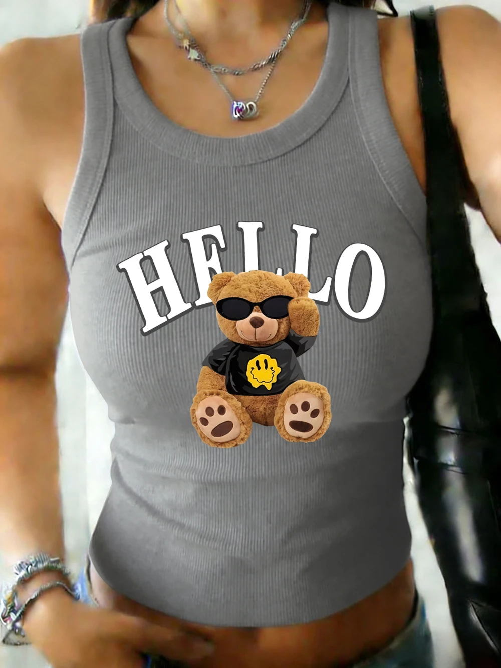 Bear Says Hello Prints Damen-Sommer-Tanktop, weich, ärmellos, lässig, O-Ausschnitt, elastisch, Tank-Shirts, Basic-Unterhemd aus Baumwolle, schmale Passform