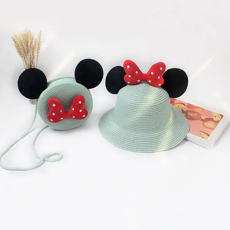 Disney Mickey and Minnie Summer Girls Straw Hat Bow Straw Big Brim Hat Bag Set Outdoor Travel Vacation Small Cross Bag Gift