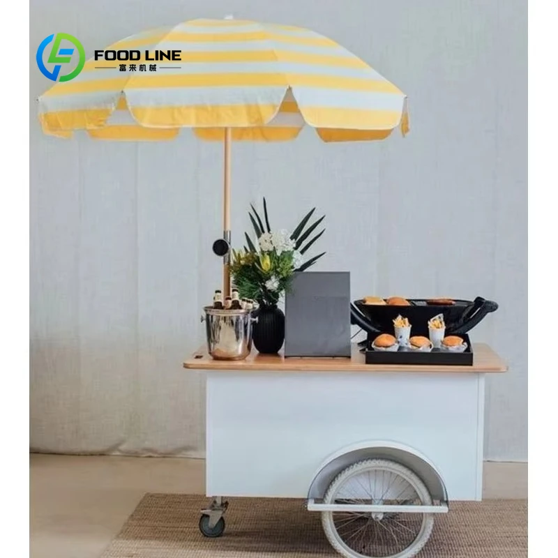 

Commercial Ice Cream Cart Mobile Refrigerated Vendor Cart with Canopy Wheels for Street Food Truck Park Mall Outdoor Custom