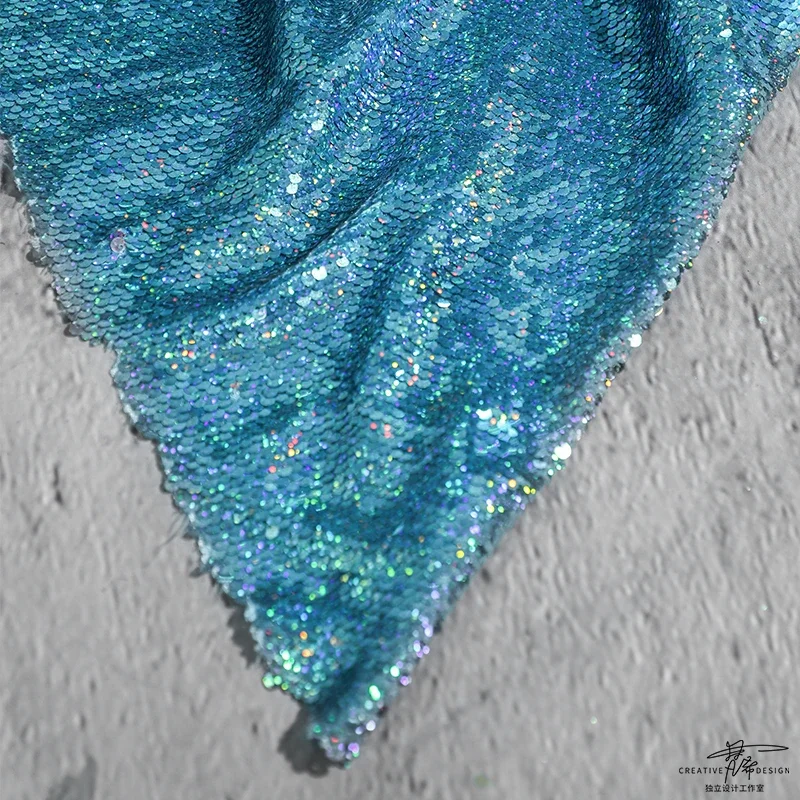 Sequin Mesh Fabric Crystal Blue Double-sided Two-color Metallic Texture Small Fish Scales Clothing Designer Diy Sewing By Meters