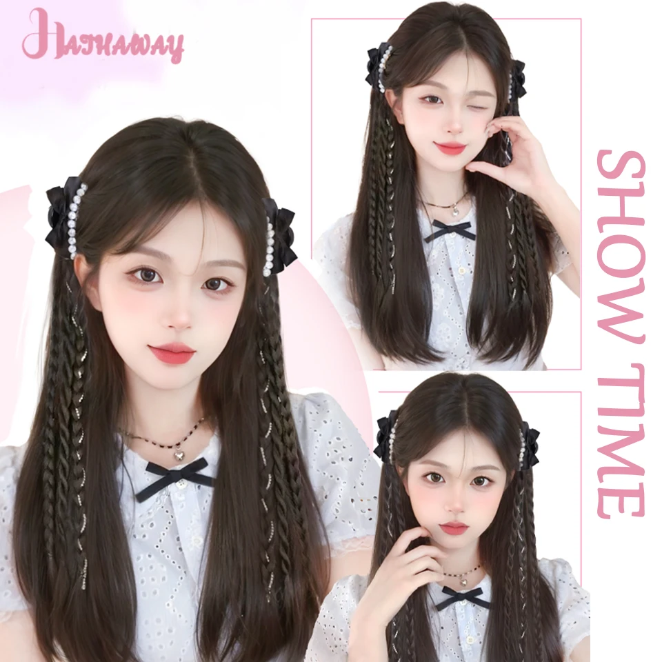 20 Inch Twist Braid Female Synthetic Bow Grip Braided Hair Fluffy Gentle Princess Head Natural Double Ponytail Wig Daily Wear