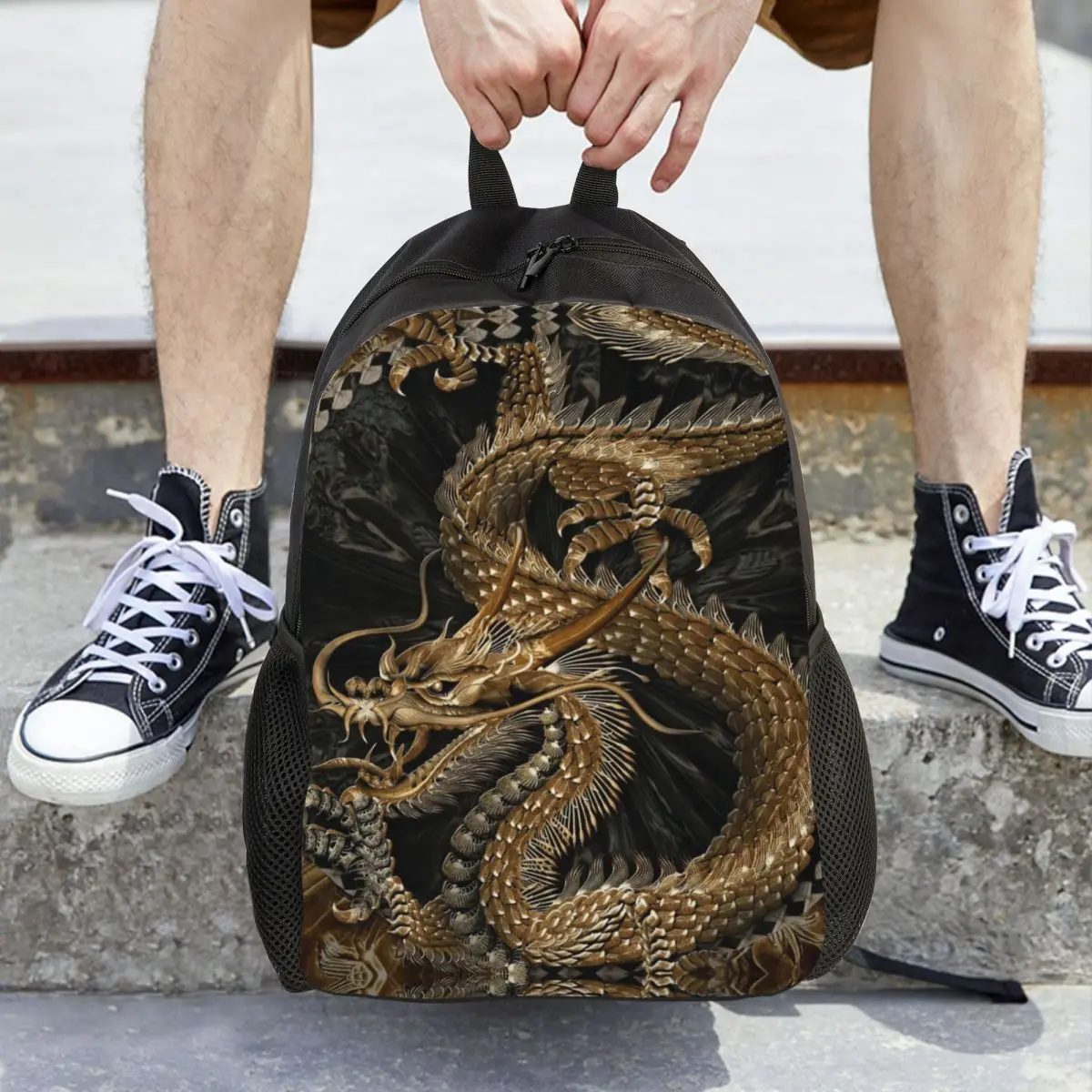 Chinese Traditional Golden Dragon Backpack Daypack Large Capacity Children BookBag School Bag Shoulder Bags for Men Women