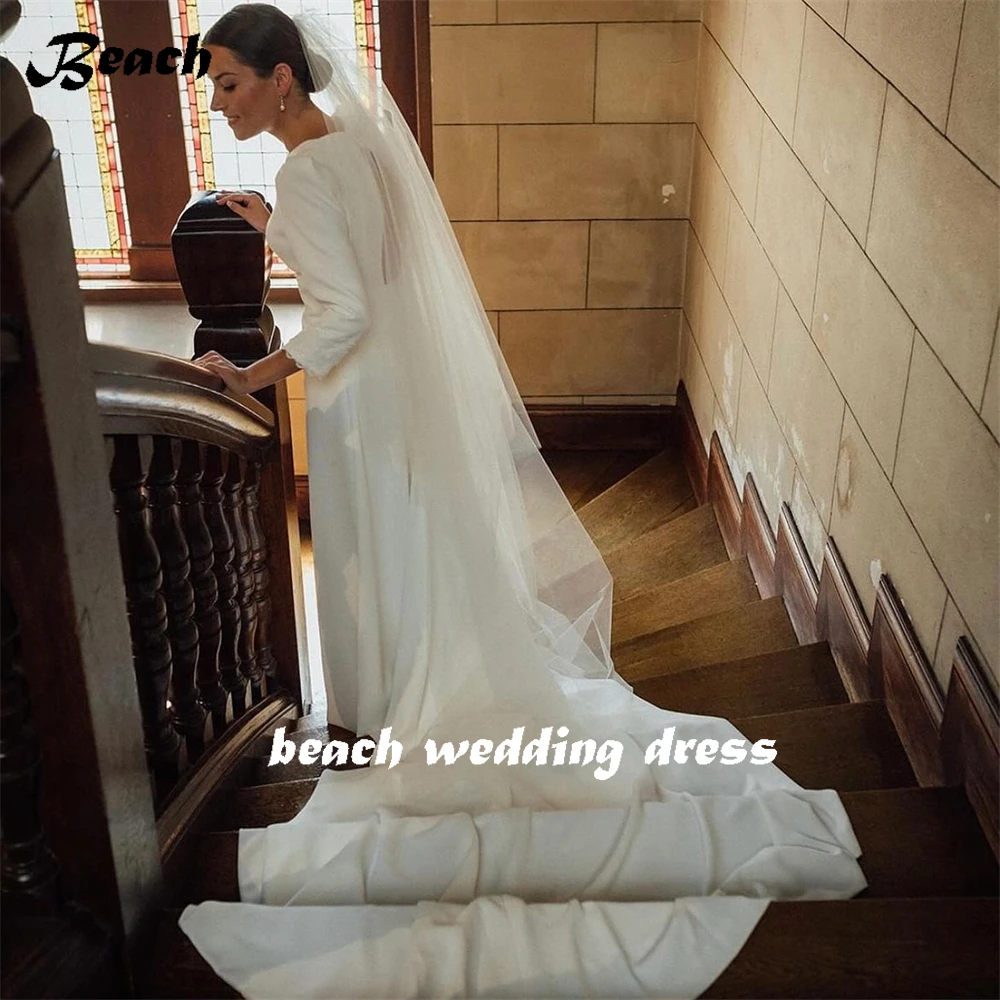 Strand einfache lange Ärmel o Hals Meerjungfrau Hochzeit Brautkleider sexy rücken freie Sweep Zug Braut Kleid Boho Vestidos Largos